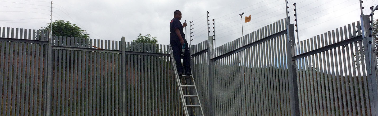 Worker Standing On Ladder By An Electric Fence